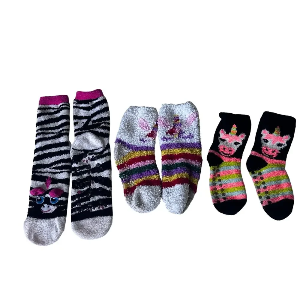Girls Animal Print Fuzzy Socks with Grips - 3 Pairs
